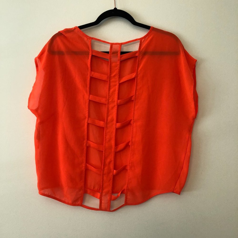 Lush Sheer Neon Orange Short Sleeve Blouse | Size Small - Picture 5 of 8